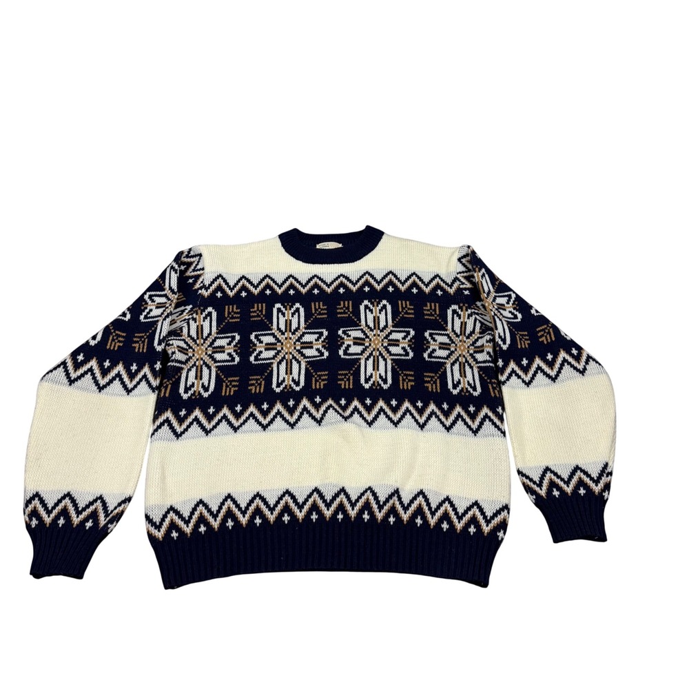 Vintage Fair‎ Isle Snowflake Sweater Navy Cream Gold Ski Size M